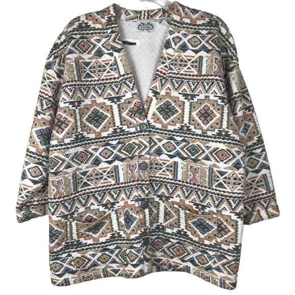 Vintage The Villager Quilted Jacket Geometric Pattern Pockets Women's Sz Large - Picture 1 of 11